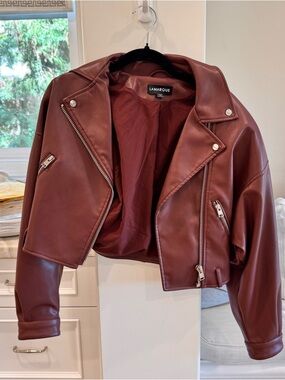 Lamarque Wine Red Cropped Leather Moto Jacket
